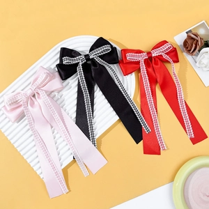 Barrette Nœud en Ruban de Satin avec Long Ruban Bord en Dentelle Motif Plaid Épingles à Cheveux Style Coréen pour Femmes Filles