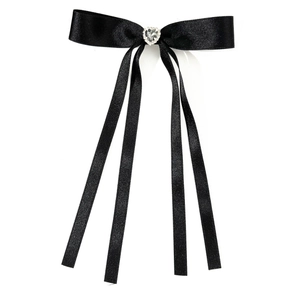 Elegant black satin bow hair clip with heart rhinestone pendant and long ribbons