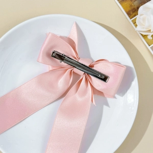 Détail macro d'un nœud papillon en satin rose avec clip en bec de canard argenté