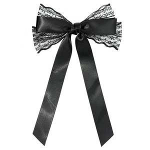 Barrette à cheveux élégante en satin noir avec dentelle et longs rubans soyeux