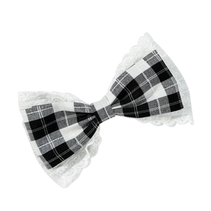 French vintage black and white checkered bow hair clip with white lace trim details