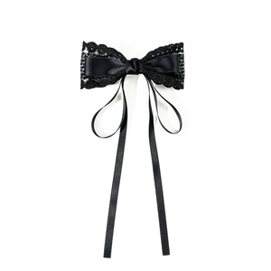 Barrette à cheveux nœud noir élégant avec dentelle et longs rubans en satin satiné