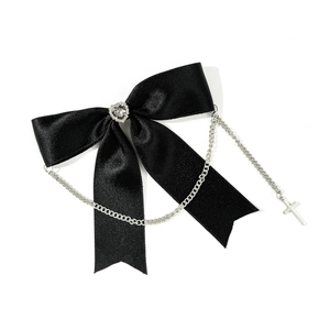 Gothic black satin bow hair clip with heart rhinestone, silver chains, and cross pendant