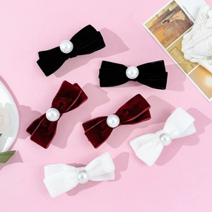 French Vintage Velvet Bow Hair Clips With Large Artificial Pearl Elegant Ribbon Duckbill Clips For Women Sweet Hair Accessories