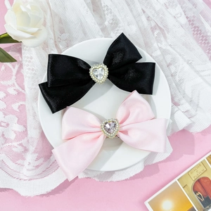 Sweet Satin Bow Hair Clip With Heart Rhinestone Artificial Pearl Decor Elegant Ribbon Duckbill Clip For Women Girls Hair Accessories