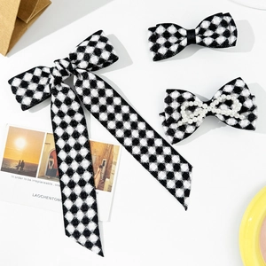 Lot Barrettes Nœud à Damiers Noir et Blanc Imitation Künstliche Perle Tissu Pince Bec de Canard Style Preppy Accessoires Femmes