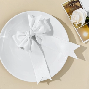 Détail d'un nœud papillon en satin blanc avec longs rubans sur une assiette épurée
