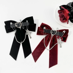 Pince à Cheveux Nœud en Velours Gothique Sombre Avec Cœur Croix Chaîne Épingle Style Punk Accessoire Cheveux Femme Noir Bordeaux