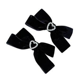Vintage black velvet bow hair clips with heart rhinestone accents for girls hair styling