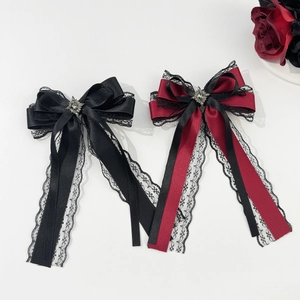 Gothic Lolita Bow Hair Clip With Long Ribbon Lace Alloy Rhinestone Cross Pendant Retro Dark Sweet Cool Style Hair Accessory