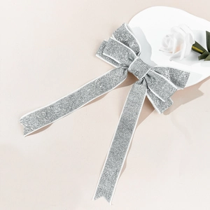 Sparkling silver glitter bow hair clip with long ribbons for elegant women hairstyle