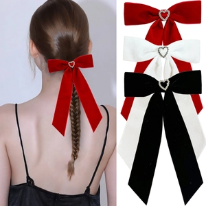 Barrette Nœud en Velours Vintage Français Avec Cœur en Strass Élégant Long Ruban Pince Bec de Canard Bijoux de Fête Femme
