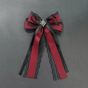 Dark red and black Gothic Lolita hair clip with lace and gemstone centerpiece