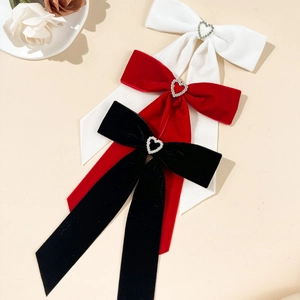 Barrettes à nœuds en velours avec strass cœur en blanc, rouge et noir, set élégant