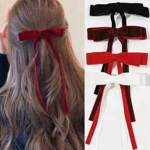 Elegant Large Velvet Bow Hair Clip With Long Streamers Vintage Ribbon Duckbill Clip For Women Wedding Party Hair Accessories