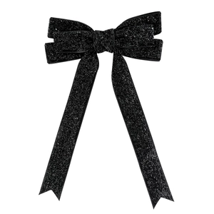 Sparkling black ribbon bow hair clip with shimmering glitter and elegant long streamers
