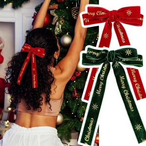 Christmas Velvet Bow Hair Clip Streamer Festive Hair Tie With Gold Letters Red Green Ribbon Hair Accessories For Women Party