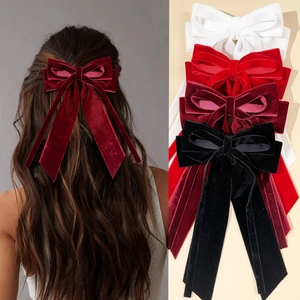Velvet Bow Hair Clip With Long Streamers Vintage Elegant Large Hair Bow Duckbill Clip For Women Daily Party Hair Accessories