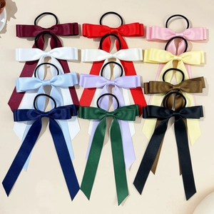 Set of 12 colorful satin ribbon bow hair scrunchies with long streamers for women