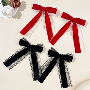 Vintage Velvet Lace Bow Hair Clip For Women French Elegant Large Bowknot Duckbill Clip Handmade Ribbon Hair Accessory