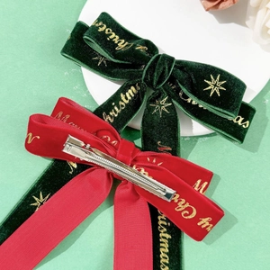 Red and green velvet Christmas bow hair clips with gold Merry Christmas streamers