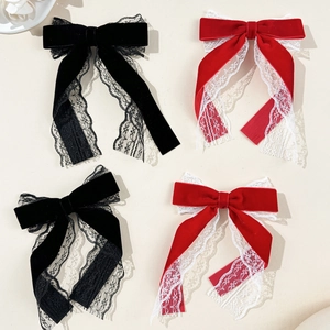 Elegant velvet lace bow hair clips in red and black for women with long ribbons