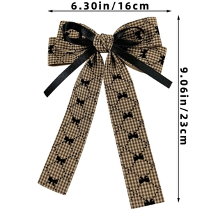 Detailed size guide of brown houndstooth bow hair clip with long ribbons and dimensions