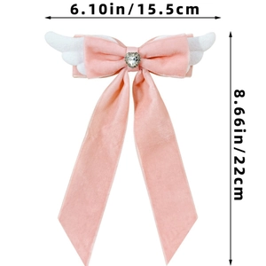 Rosa Samtschleife-Haarspange mit Strassherz und Engelsflügeln, Maße 15,5 cm mal 22 cm groß
