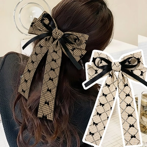 Houndstooth Bow Hair Clip Elegant Long Ribbon Streamer Satin Webbing Handmade French Style Hair Accessories For Women Girls