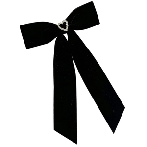 Pince à cheveux noeud velours noir avec strass coeur et longs rubans de soie