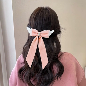 Süße Japanischer Stil Samt Schleife Haarspange Mit Engelflügeln Und Herz Strass Lange Band Für Damen Haarschmuck