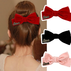 Vintage Velvet Bow Hair Clip For Women Elegant Handmade Large Bowknot Duckbill Clip With Love Metal Letter Hair Accessories