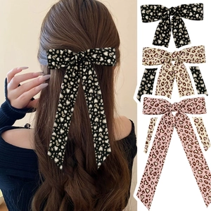 Leopard Heart Print Bow Streamer Hair Clip For Women Fashion Vintage Polyester Ribbon Large Top Clip Hair Accessories
