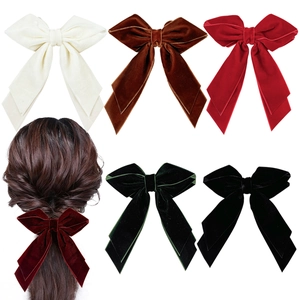 Large Velvet Bow Hair Clip For Women Vintage Elegant Long Ribbon Bowknot Hairpin Autumn Winter Solid Color Hair Accessories