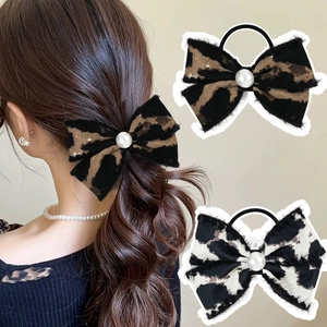 Leopard Cow Print Bow Hair Ties With Artificial Pearl Vintage Fringed Edge Elastic Hair Ropes For Women Stylish Hair Accessories