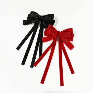 Elegant velvet bow hair clips with long ribbons and sequins in red and black colors