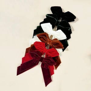 Set of six vintage velvet bow hair clips in black green cream brown and red colors