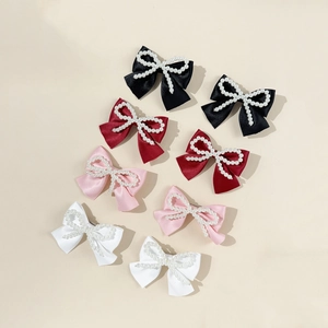 Lot de 8 barrettes à nœuds en satin avec perles en noir, bordeaux, rose et blanc pur