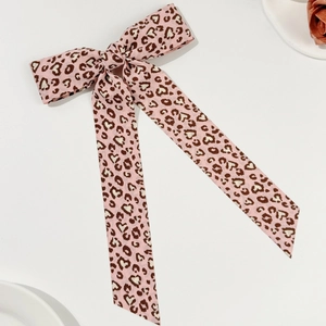 Pink leopard print bow hair clip with long ribbons for elegant women hair styling