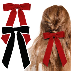 Vintage Velvet Bow Hair Clip For Women Elegant Long Streamer Spring Clip Retro Black Red Hairpin Decorative Accessories