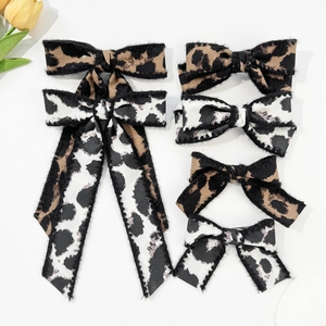 Leopard Cow Print Bow Hair Clips Fuzzy Edge Long Streamer Duckbill Spring Clip Retro Fashion Hair Accessories For Women