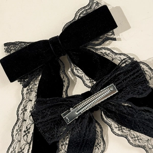 Elegant black velvet and lace bow hair clip with silver metal alligator clip for women