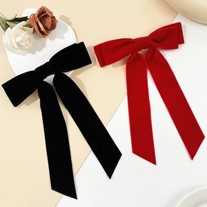 Elegant velvet bow hair clips with long ribbons in black and red for women
