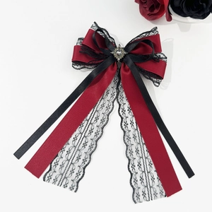 Gothic Lolita bow hair clip in wine red and black satin with lace and gemstone