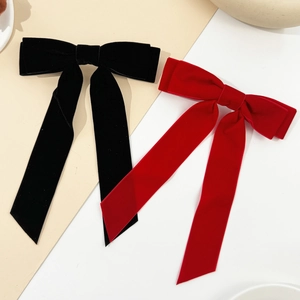 Elegant velvet long tail bow hair clip in black and burgundy with premium spring clasp