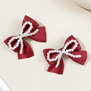 Barrettes à cheveux élégantes avec nœuds en satin rouge et perles blanches pour femmes