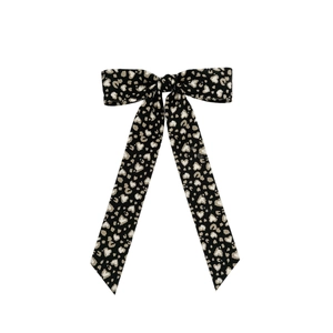 Leopard print bow hair clip with long ribbons in black and beige heart pattern