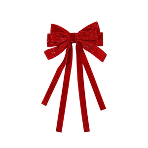 Elegant deep red velvet hair bow clip with sparkling glitter finish and long ribbons