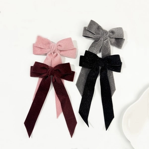 Elegant velvet bow hair clips with long streamers in pink, burgundy, grey and black colors