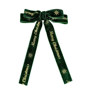 Dark green velvet Christmas bow hair clip with gold Merry Christmas print and stars